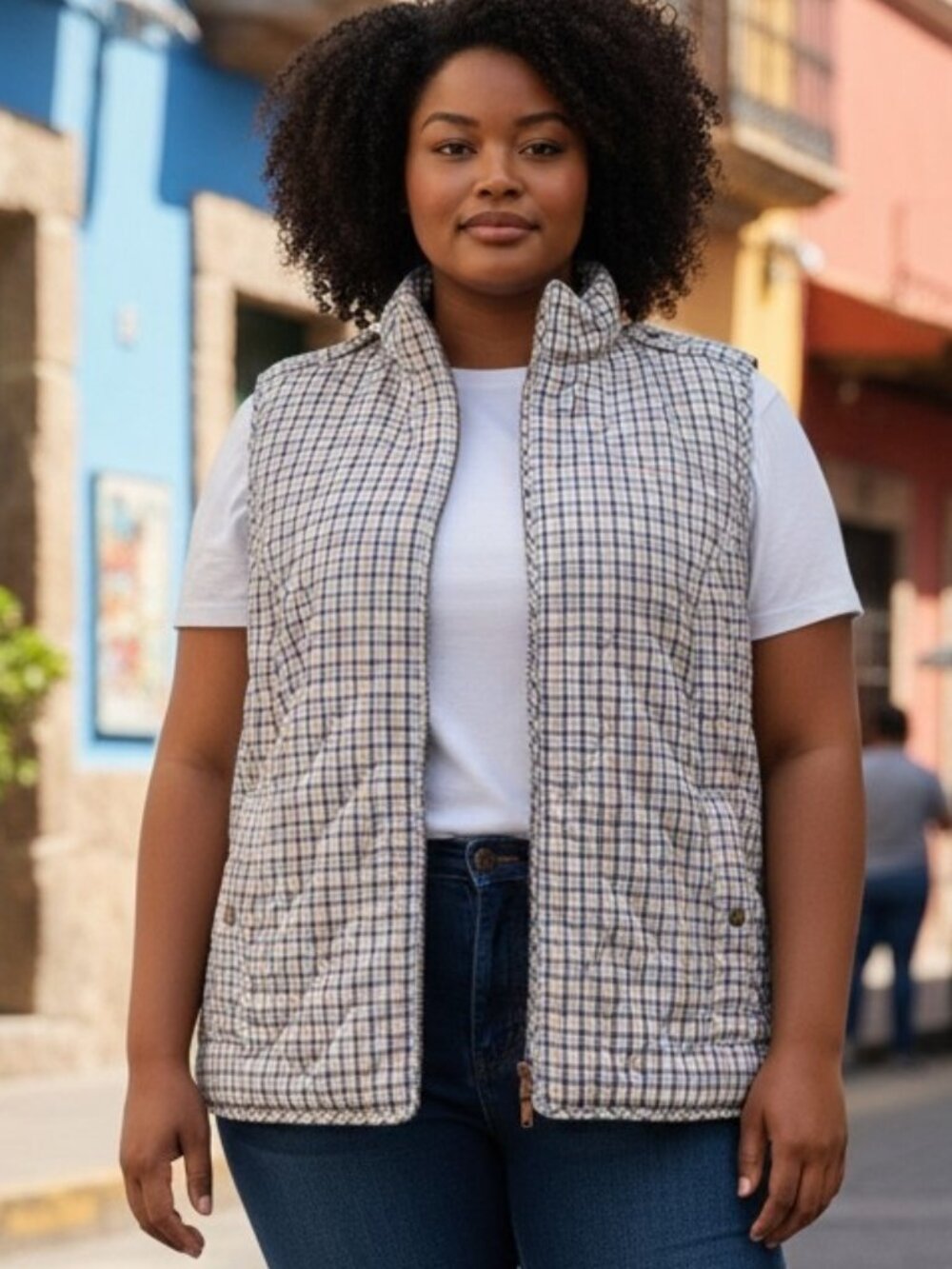 NWOT TALBOTS (1X Petite) Diamond Quilted Plaid Zip Up Fleece Lined Vest